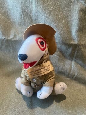 Safari Target Plush Dog Toy in White with Red Accents and Tan Outfit